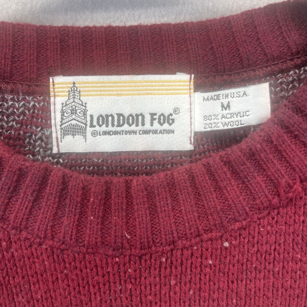 London Fog Knit Sweater Mens M Maroon Gray Ribbed Hem VTG Grandpacore Cabincore - Picture 2 of 12
